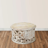Pine Grove Handcrafted Mango Wood Carved Round Coffee Table Rustic White